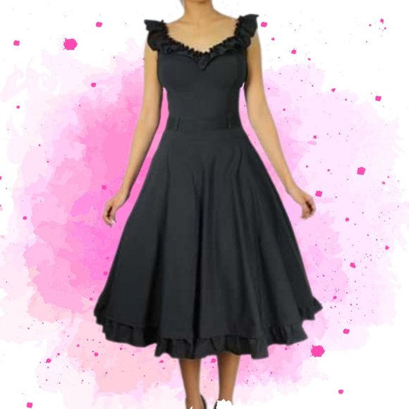 24/26 Black Ruffle Pin-up Wide Neck Dress 1960's Style 4X NWOT - Picture 1 of 10